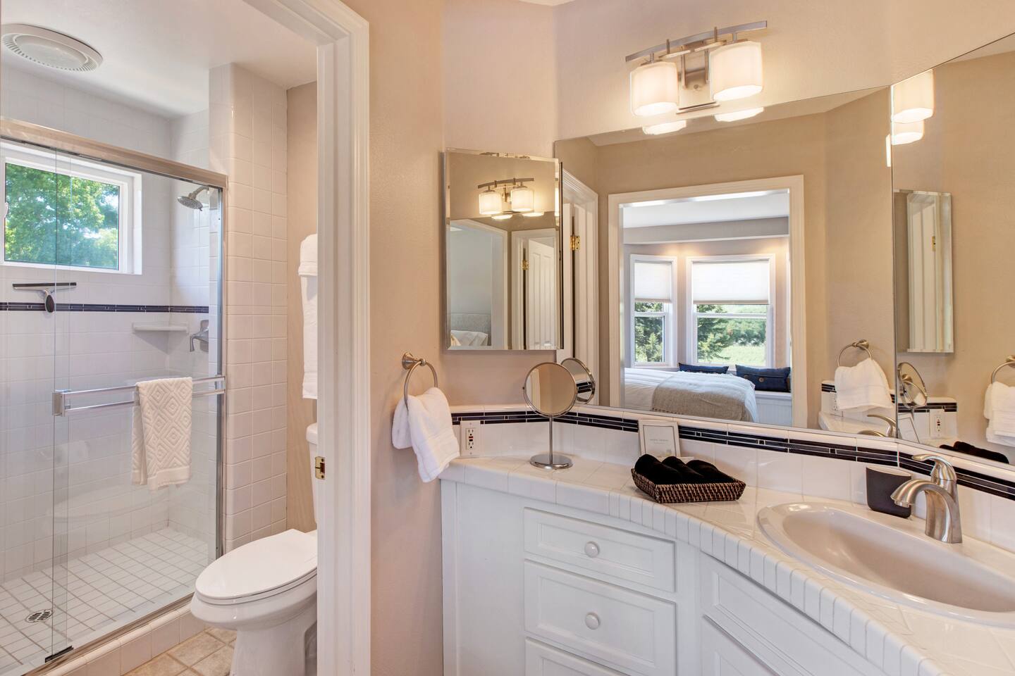 Bathroom 2, attached to Bedroom 2: Special touches include black makeup towels