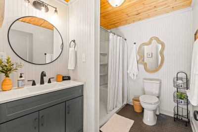 This is the master bath.  Vanity and storage with plenty of room for "beautification"...not that we need it.