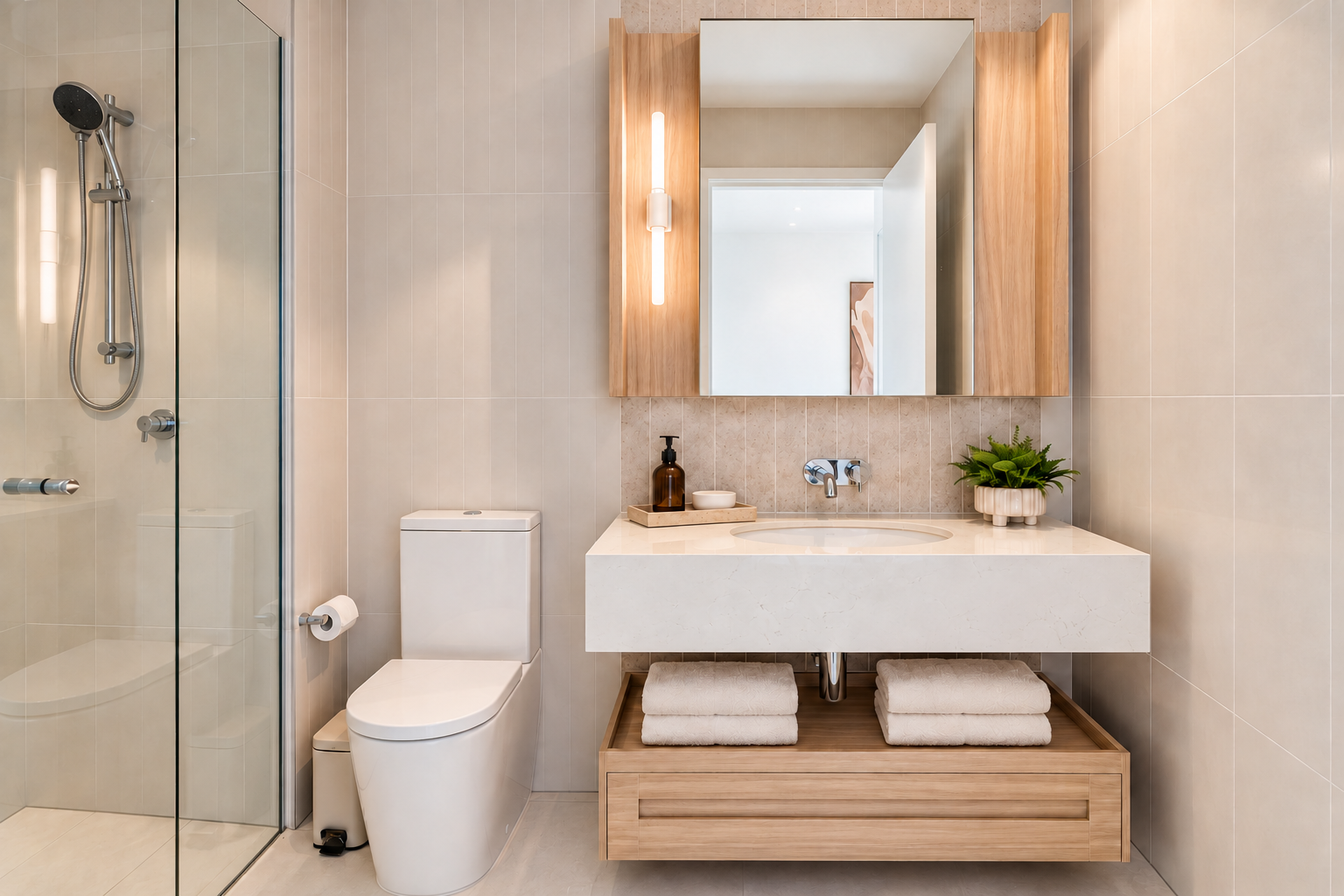 Modern spa-style bathroom with walk-in glass shower and sleek vanity