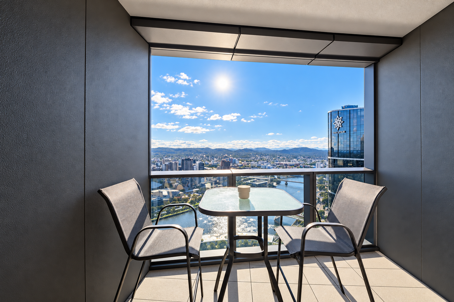 Private balcony with skyline, river, and mountain views