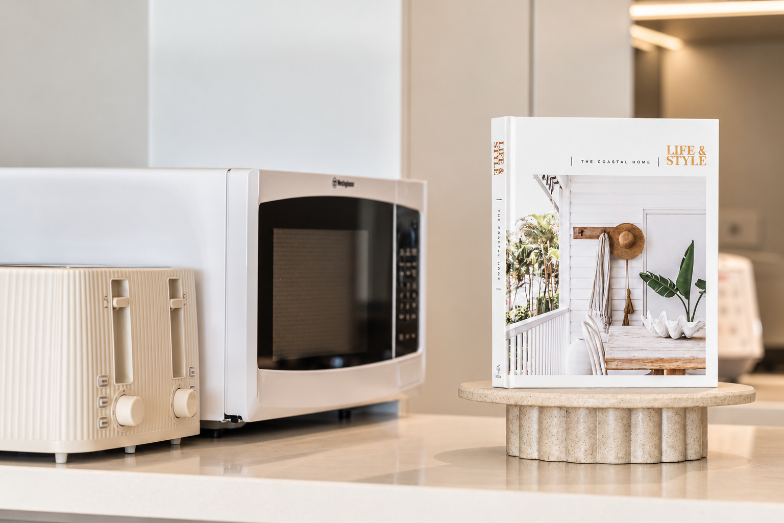 Modern kitchen counter with convenient appliances and stylish decor