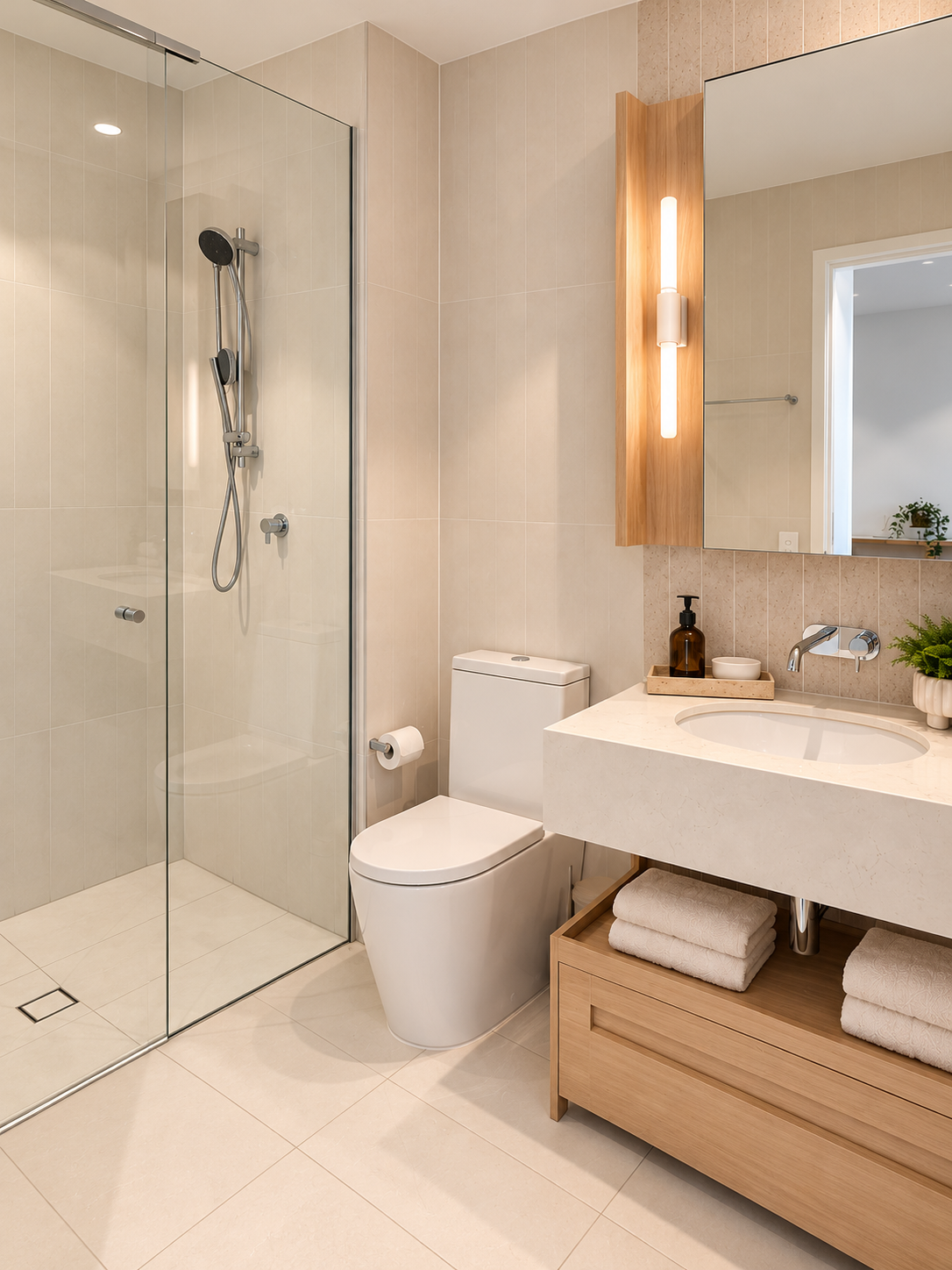 Bright spa-style bathroom with glass shower and modern vanity