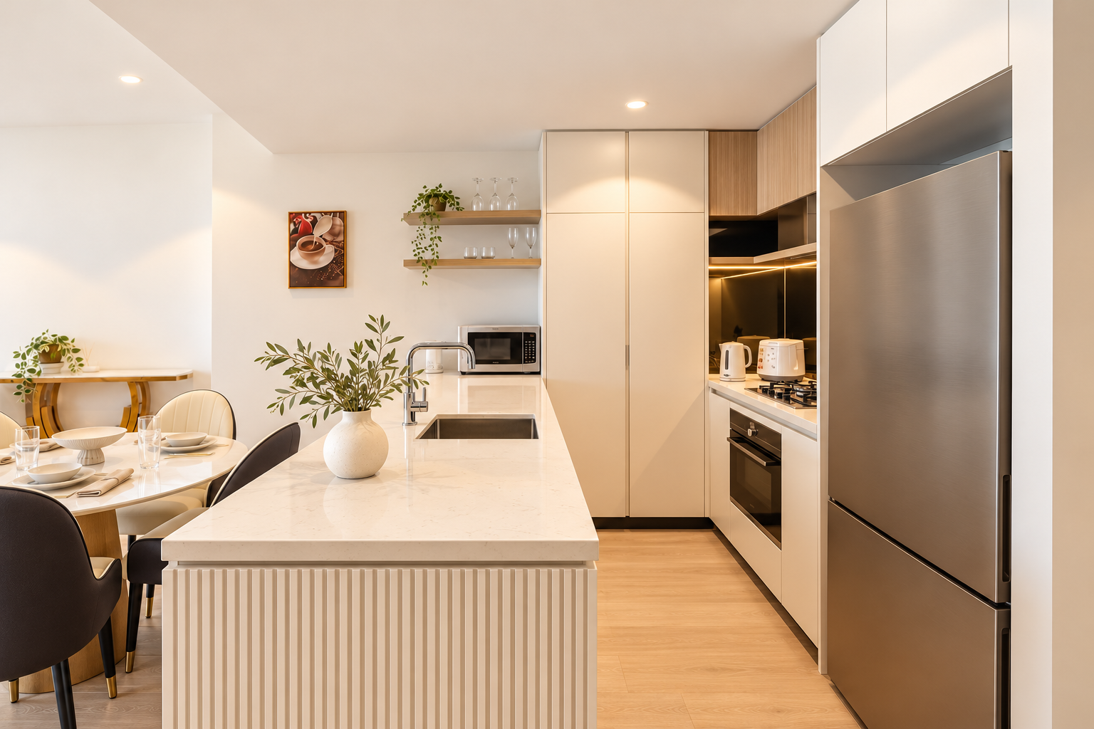 Bright modern kitchen with waterfall island and cozy dining nook