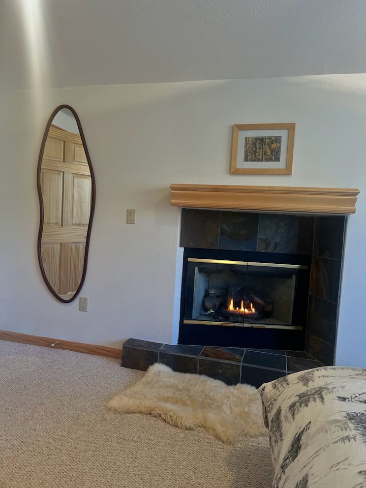 Private gas fireplace and full length mirror in the modern king master en-suite.