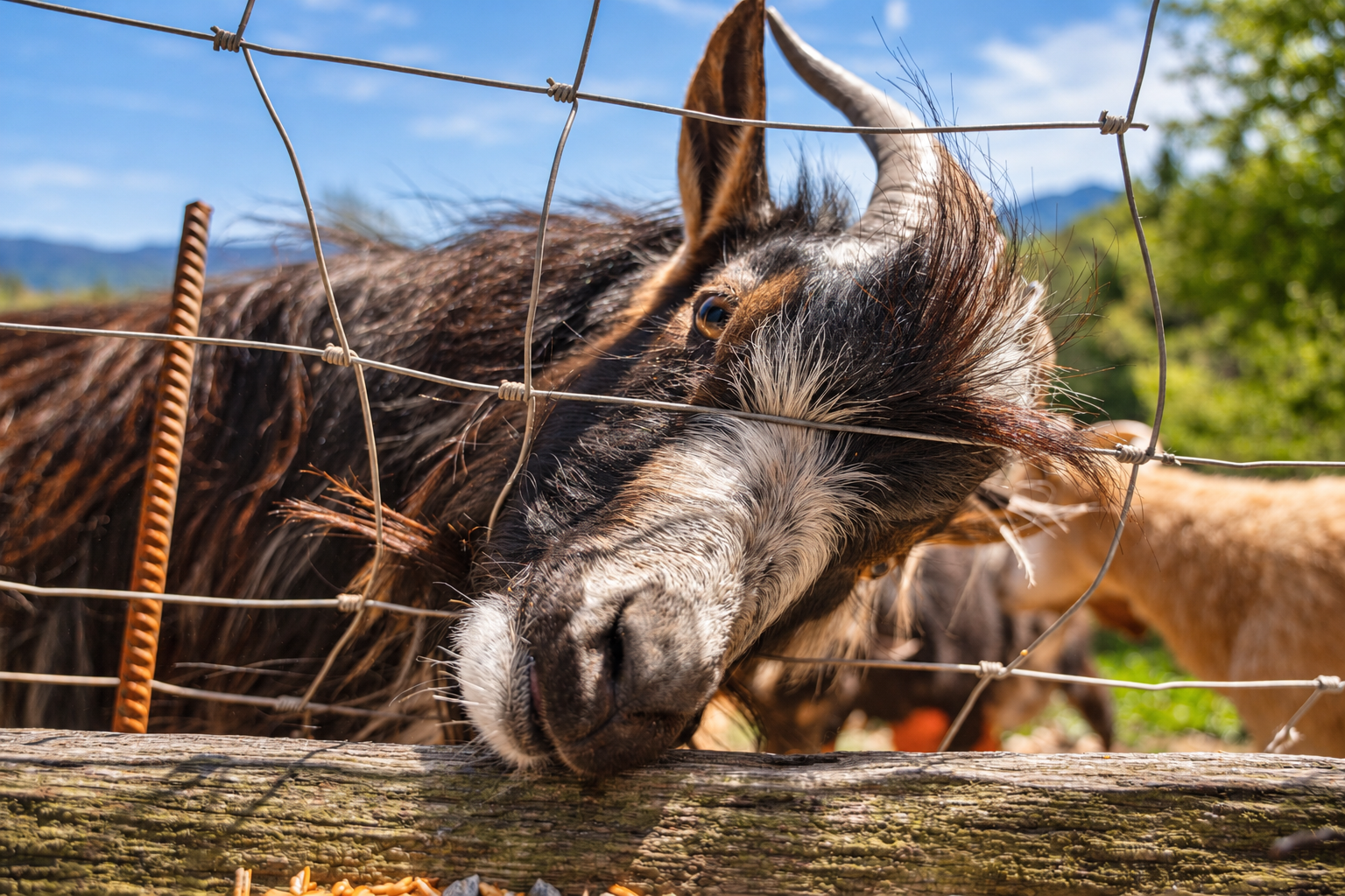 Playful Mudslide by the fence with mountain views and rustic farm charm