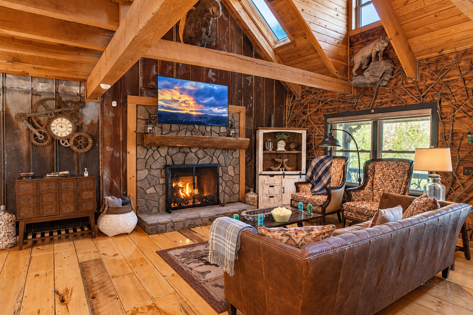 Cozy lodge-style living room with stone fireplace and soaring wood beams