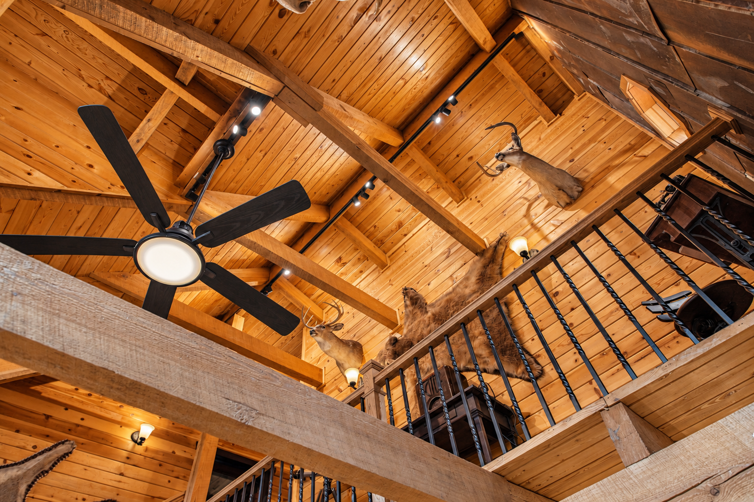 Soaring wood-beam ceilings and lofted rustic lodge charm
