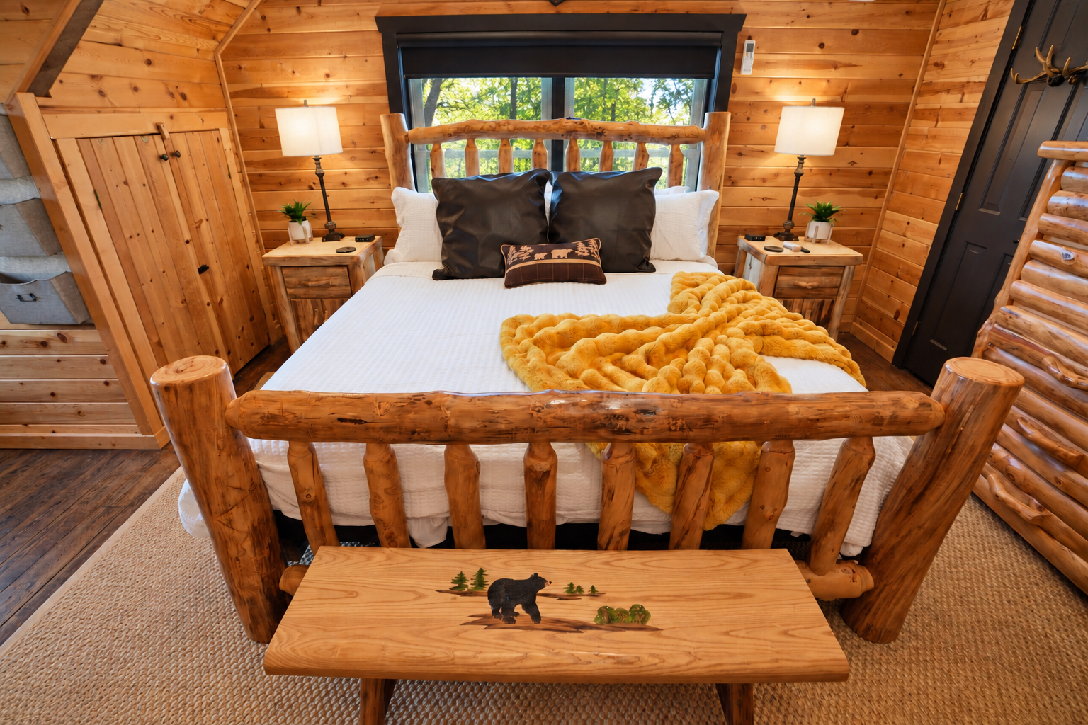 Cozy log cabin bedroom with handcrafted bed and epic Blue Ridge Mountain Views.