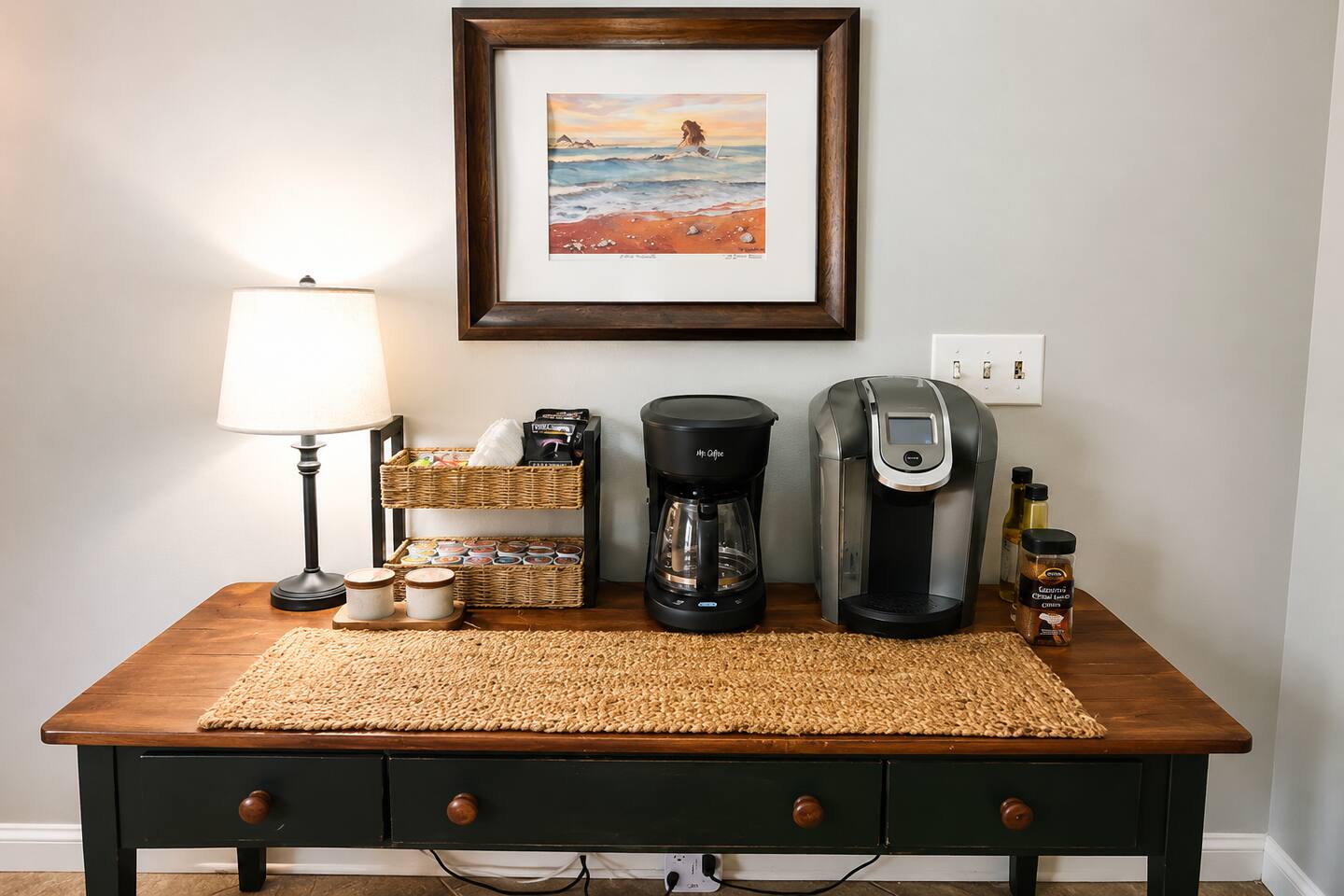 Start your mornings right at our fully stocked coffee station, featuring both a traditional coffee maker and a Keurig, plus a selection of coffee, tea, sweeteners, and essentials to help you feel right at home.