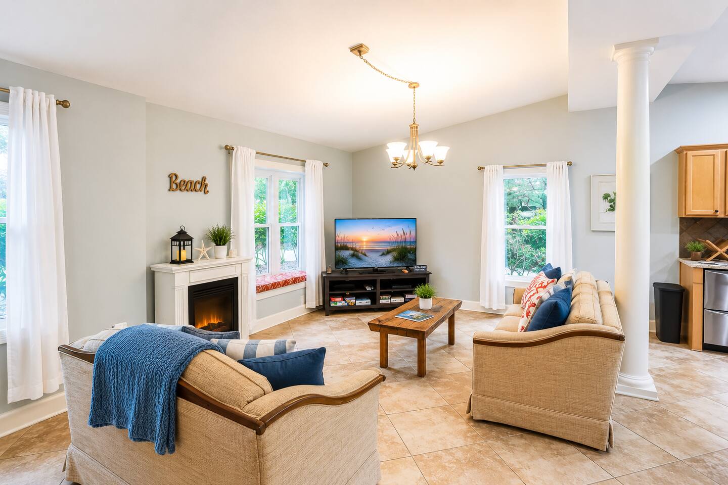Cozy lounge with comfortable seating and smart TV — perfect after a day of island exploring.