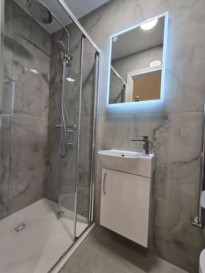 Sleek bathroom with a glass walk-in rainfall shower and glowing LED mirror.