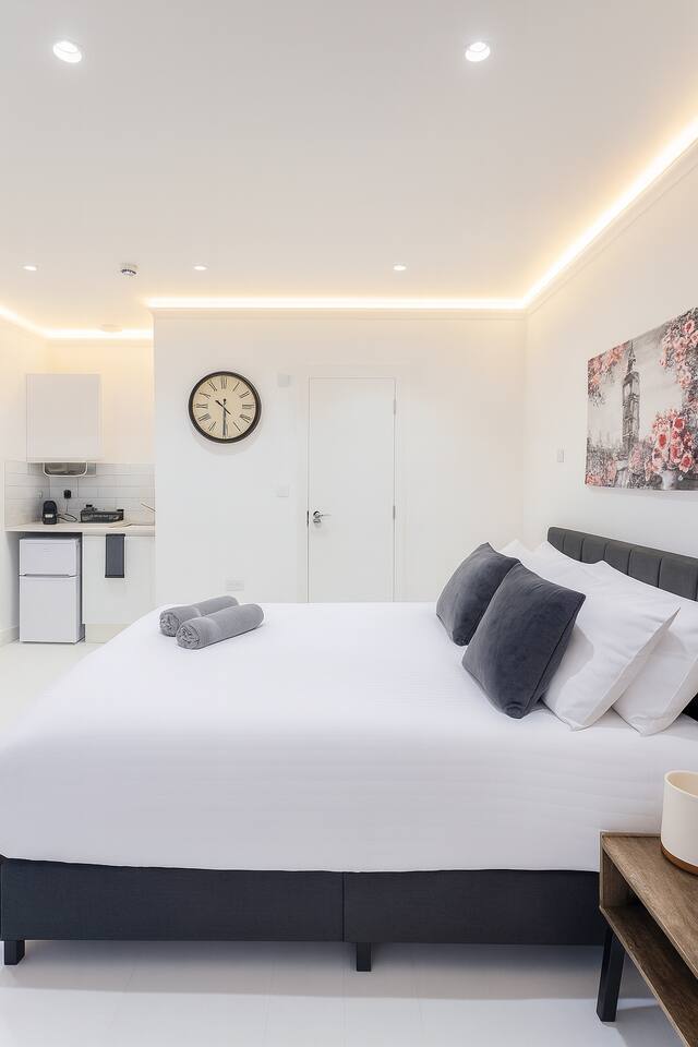 Modern, minimalist studio featuring a plush bed and a convenient kitchenette.