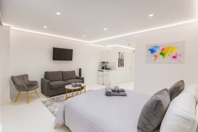 Bright modern studio with comfy bed, sofa lounge, mini kitchen and smart TV.