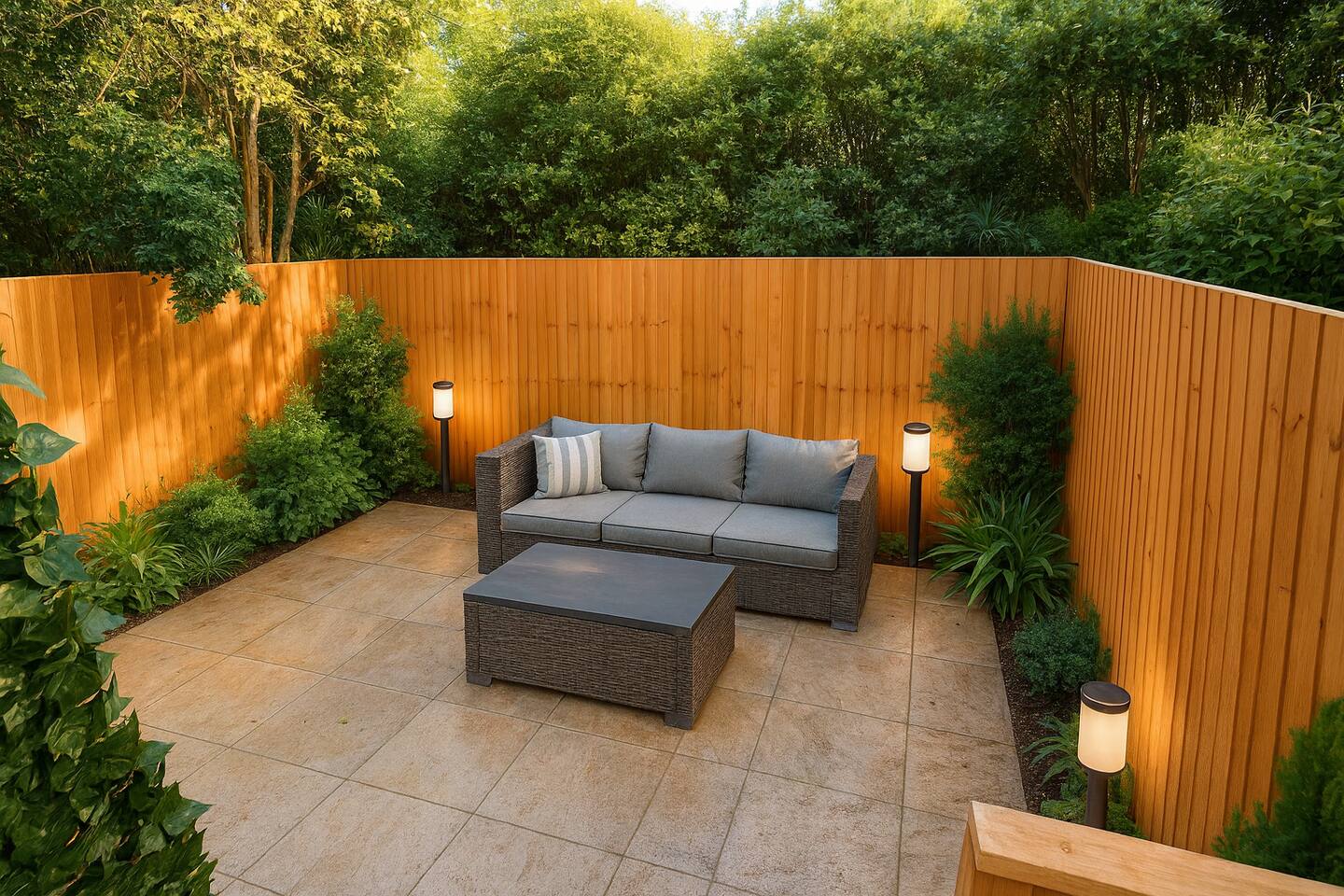 Modern, sun-drenched studio with a plush bed, dining area, and leafy garden views.