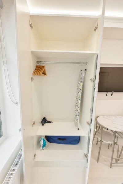 Neat wardrobe with hangers, iron, hairdryer, and suitcase for guest convenience.