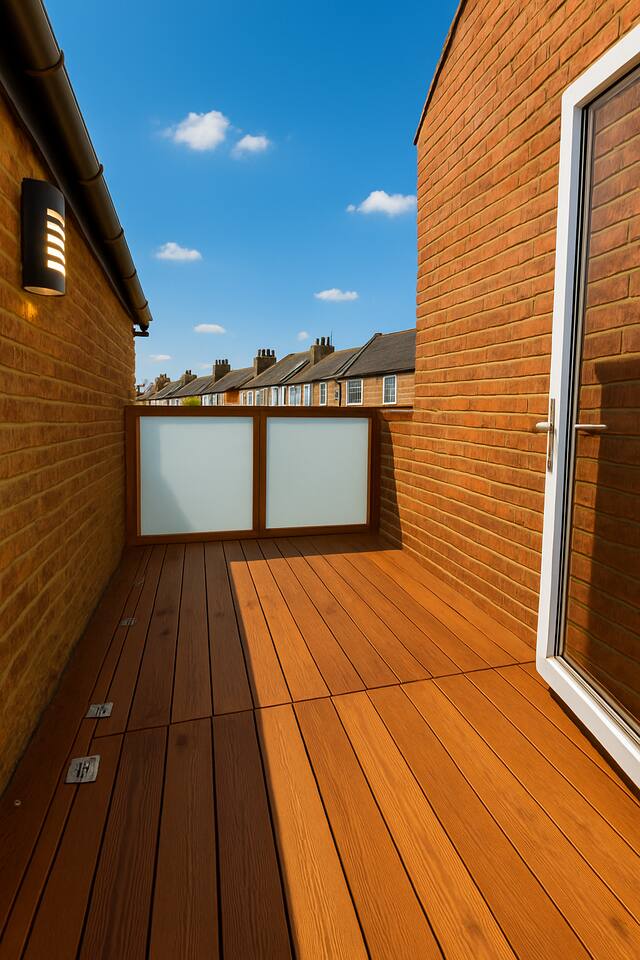 Sun-drenched balcony with modern decking, perfect for a peaceful morning coffee.