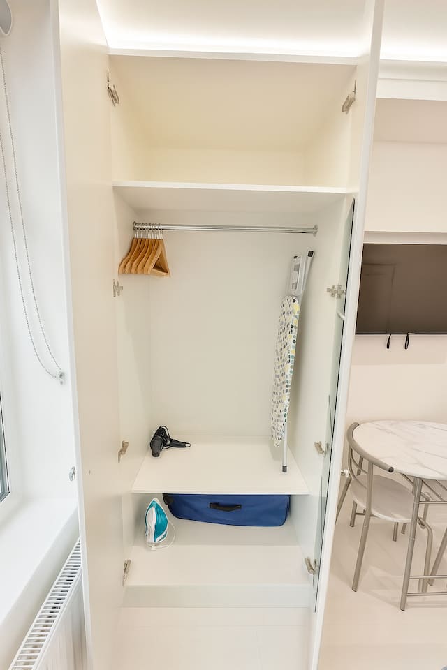 Organized wardrobe with hangers, iron, hairdryer, and compact storage for guests.