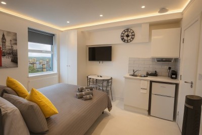 Cozy studio with grey bedding, kitchenette, TV, and scenic window view.