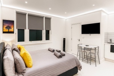 Bright studio with grey and yellow accents, TV, kitchenette, and large windows.