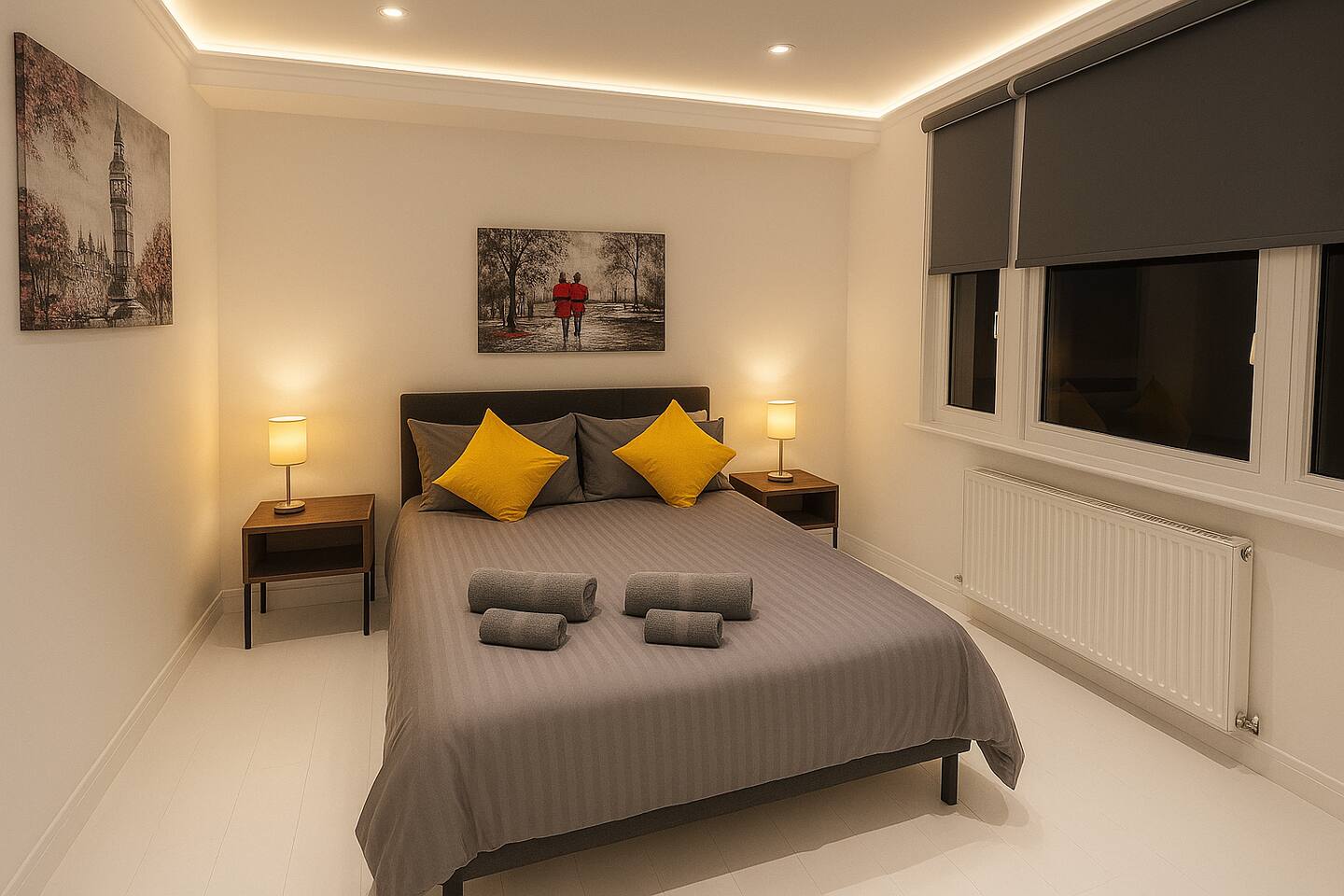 Cozy bedroom with grey bedding, yellow accents, warm lighting, and stylish wall art.