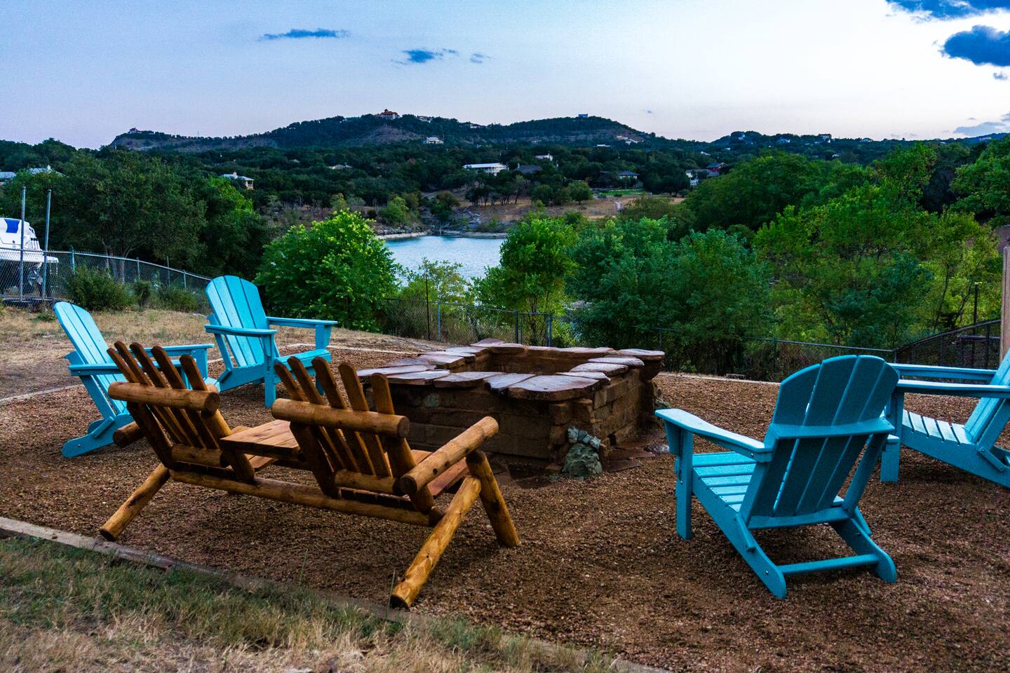 Brand new fire pit with lakefront views