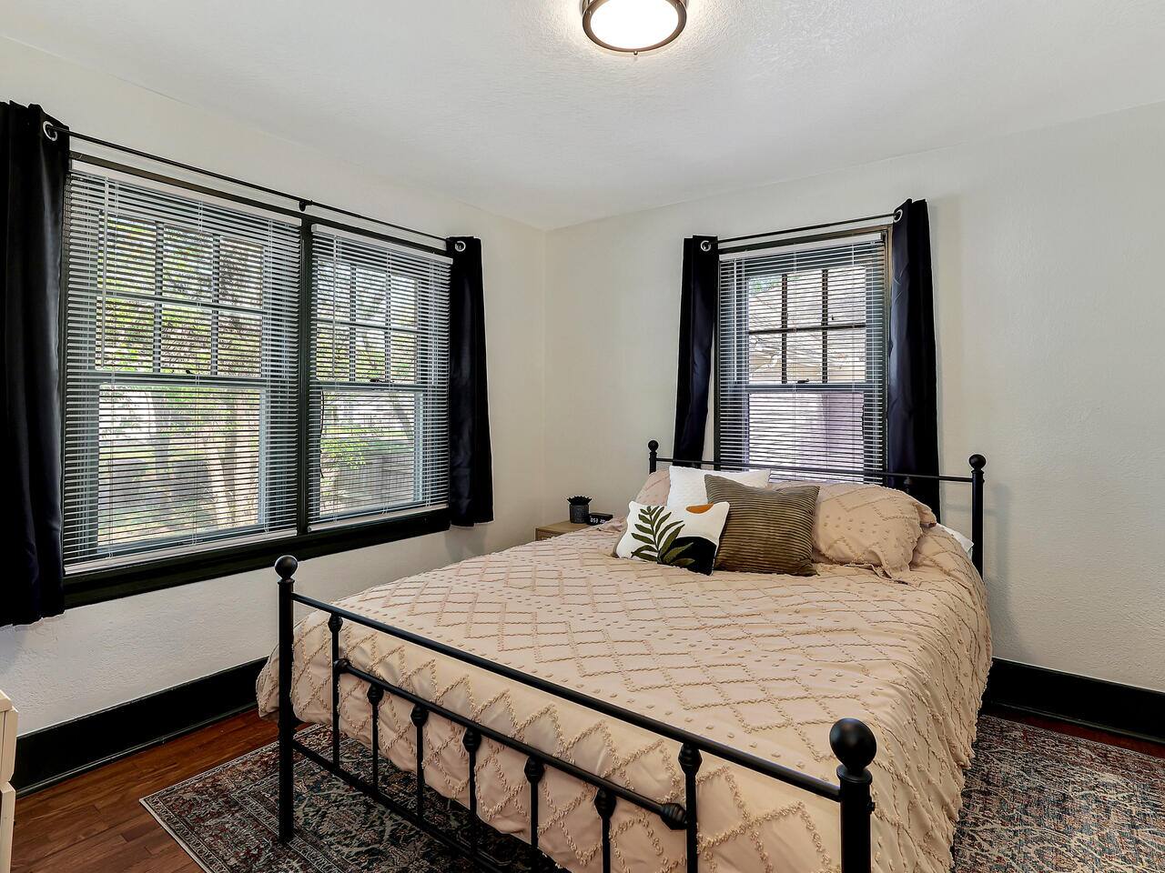 Mattresses are highly rated on Amazon. Your nightstand has an alarm clock with charging access. Blackout curtains provide privacy and block light to sleep in or to facilitate your sleeping needs for a night shift schedule.