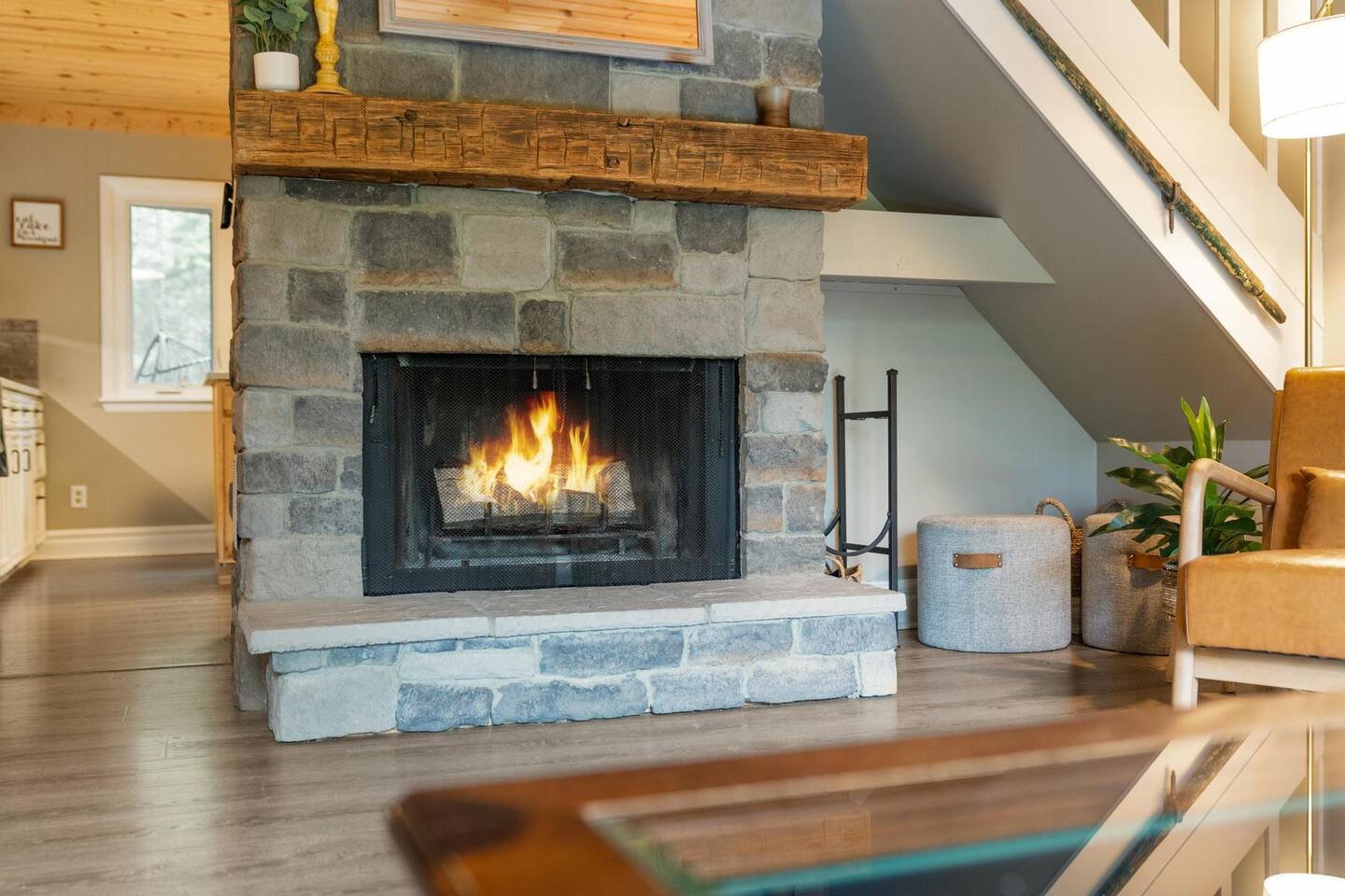 Seven Pines Chalet living room with fireplace