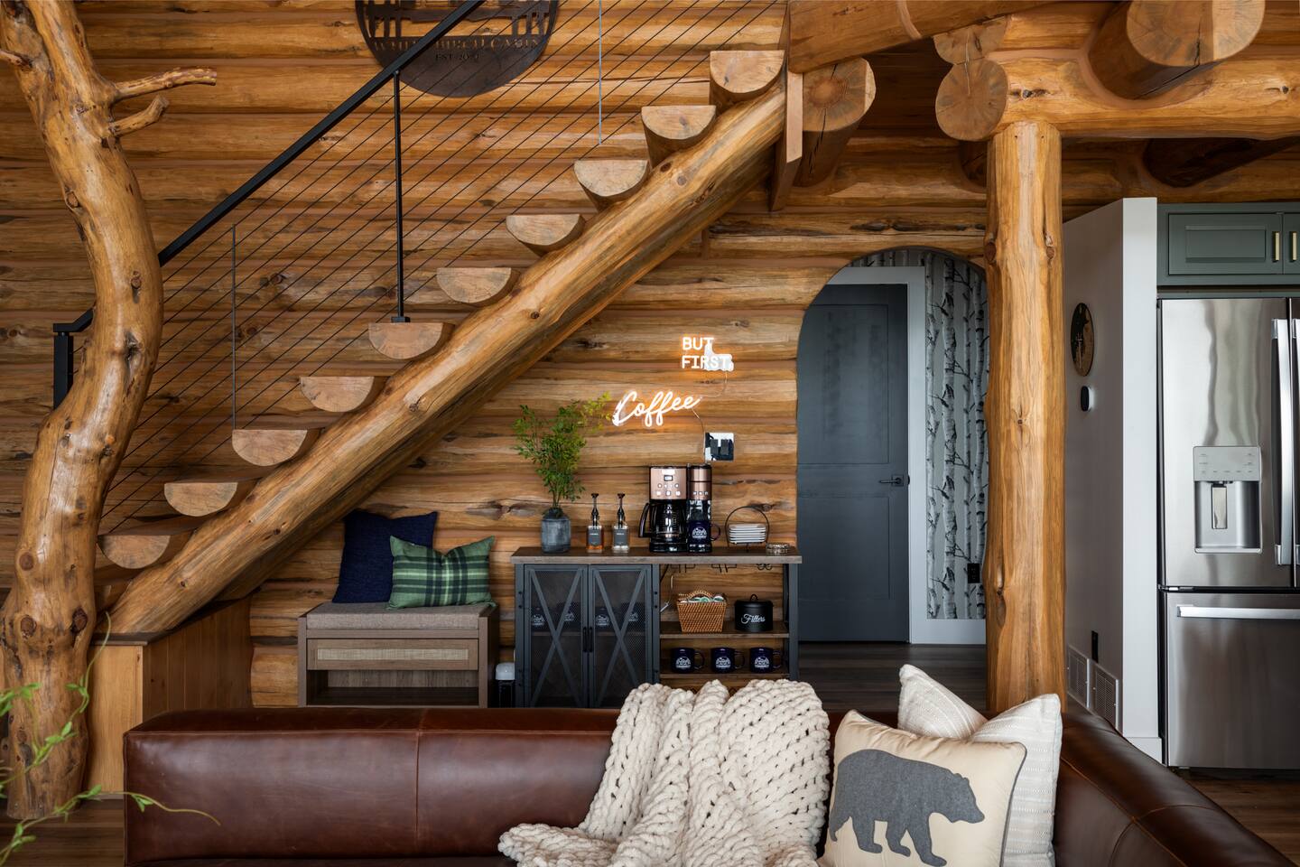 White Birch Cabin open concept living area