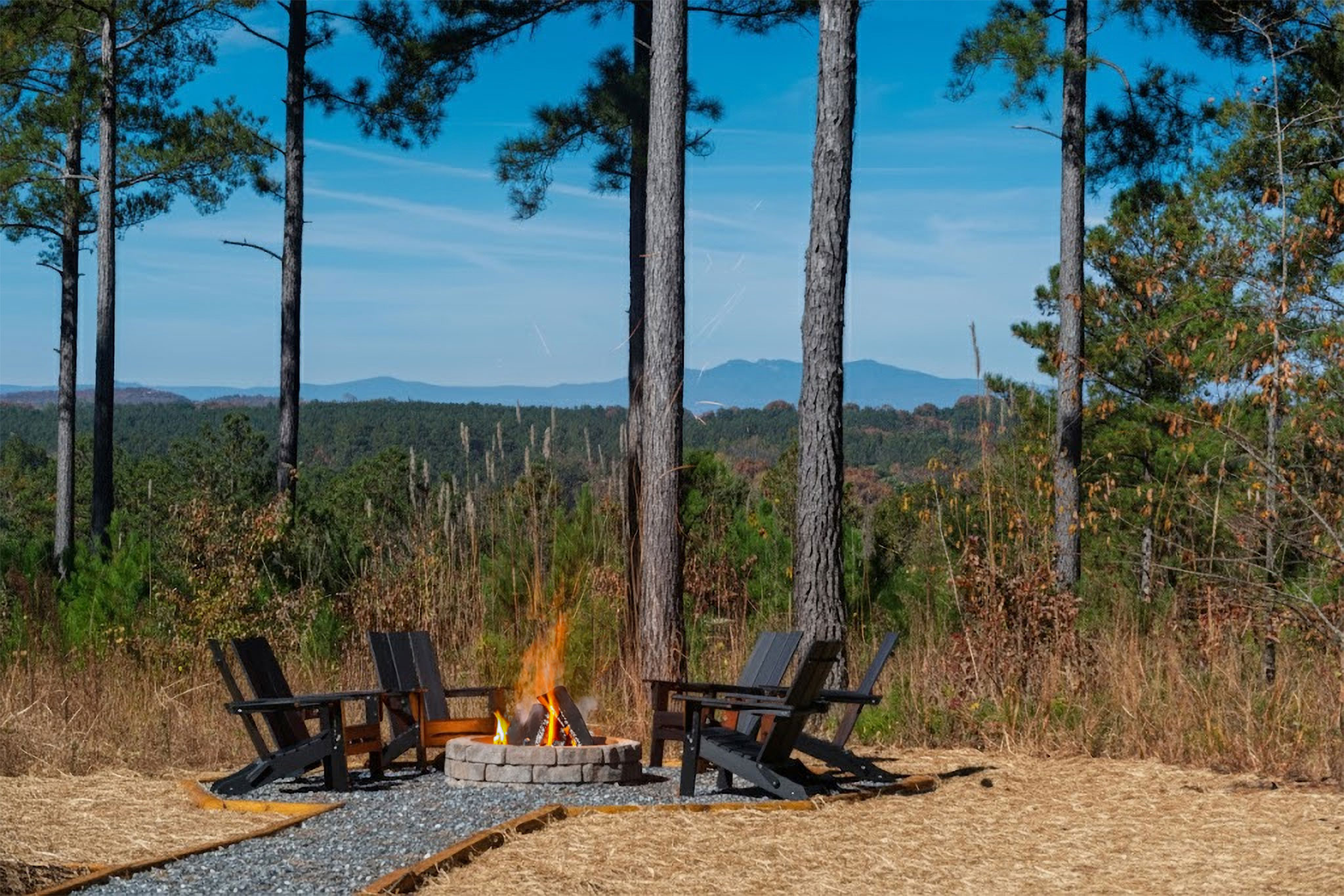Mountain-view fire pit with Adirondack seating in a peaceful pine grove
