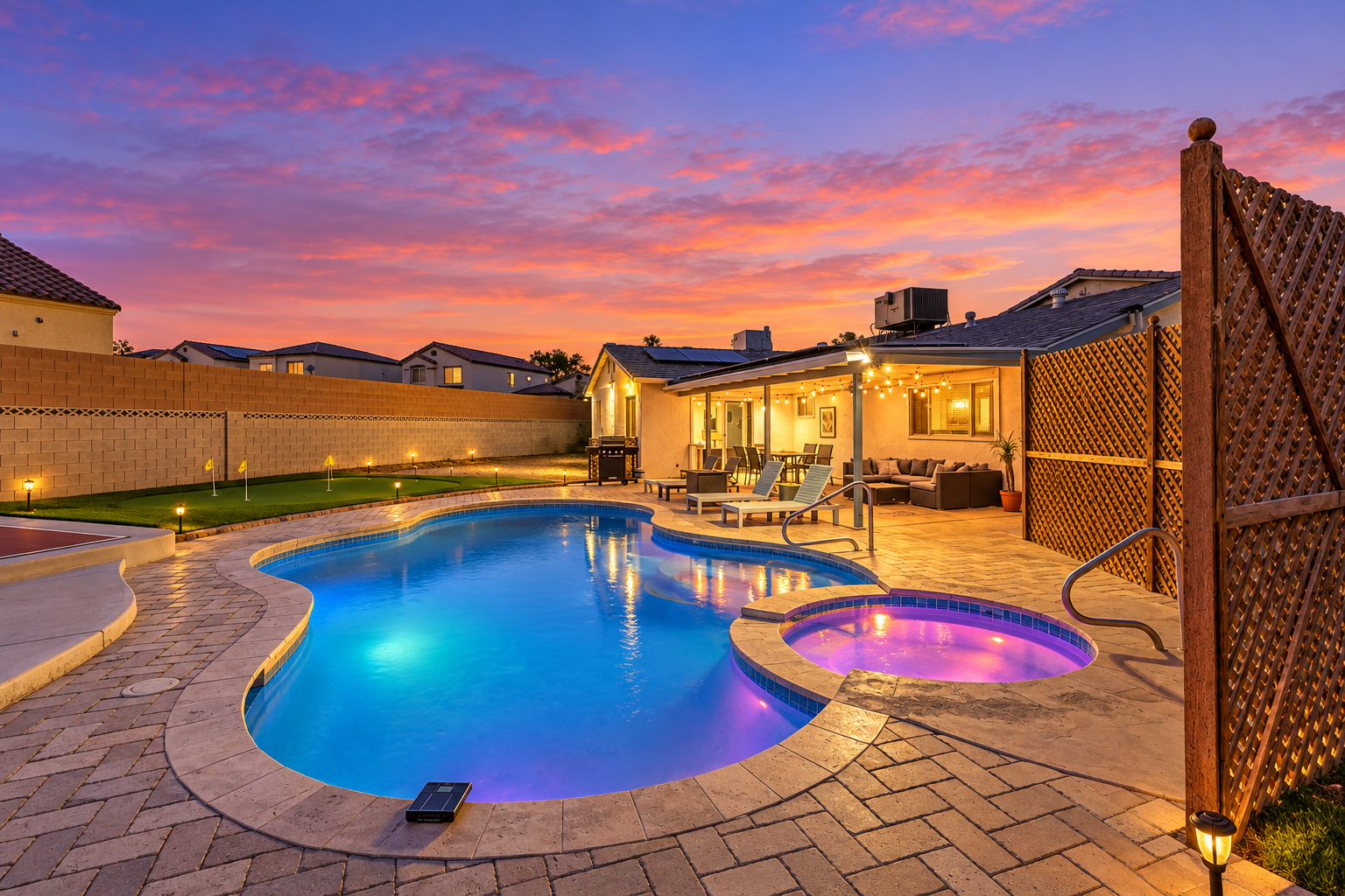 Resort-style backyard with lit pool, spa, patio seating, and sunset views