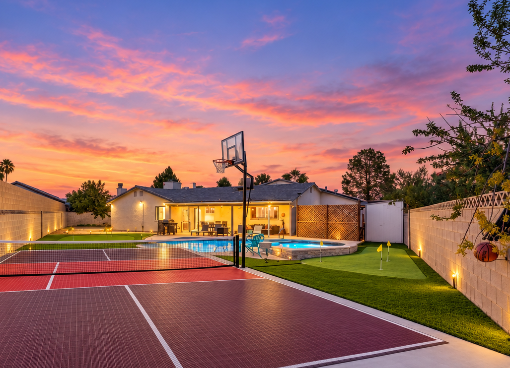 Resort-style backyard with pool, spa, and private sport court at sunset