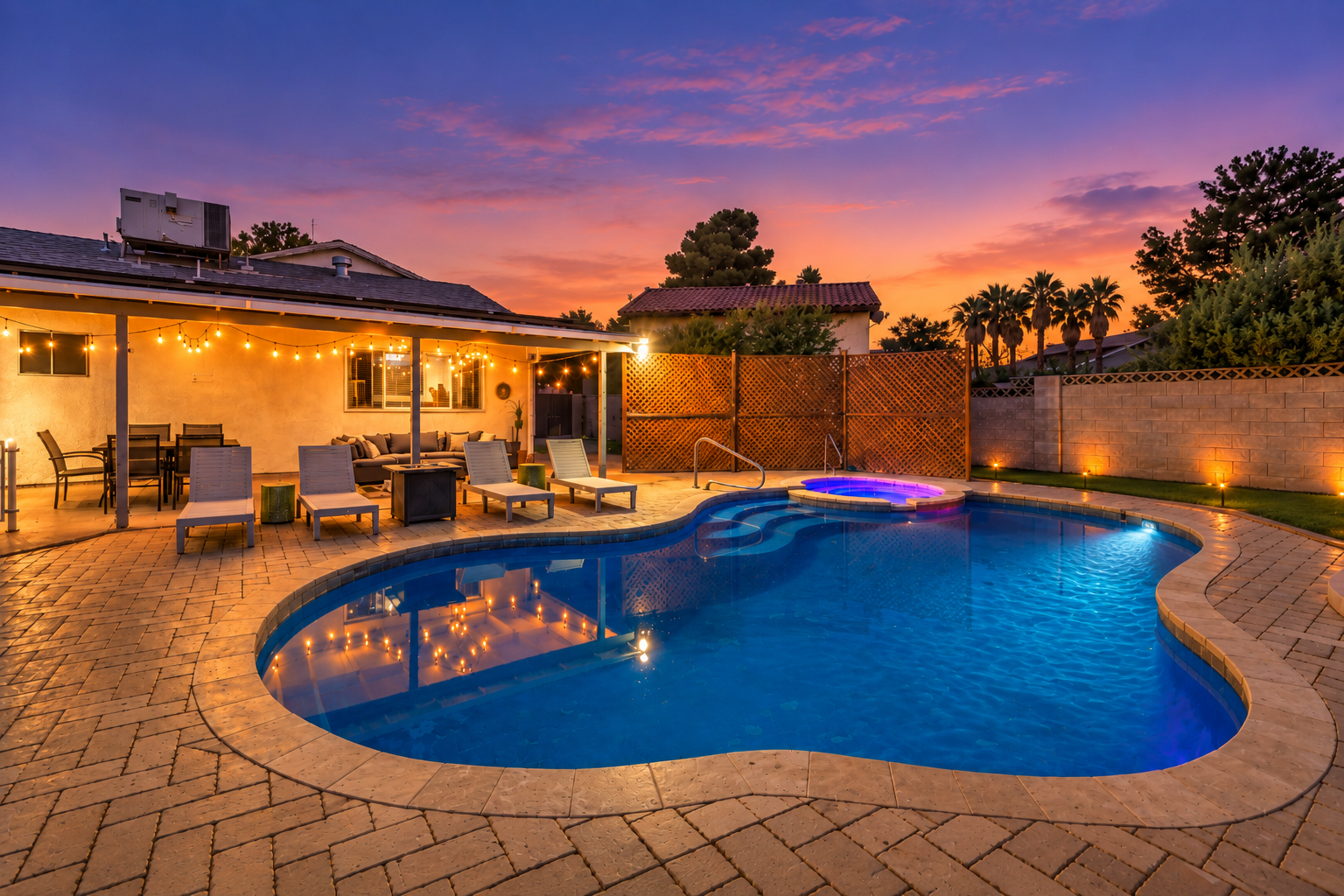 Private pool & spa oasis with sunset views and a cozy lit patio