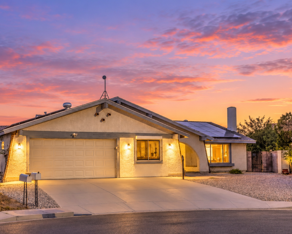 Inviting sunset curb appeal with solar panels and a spacious driveway