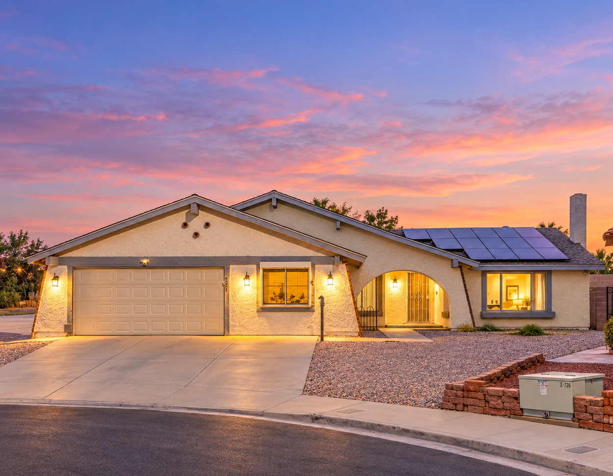Inviting desert home with sunset views, warm lighting, and solar panels