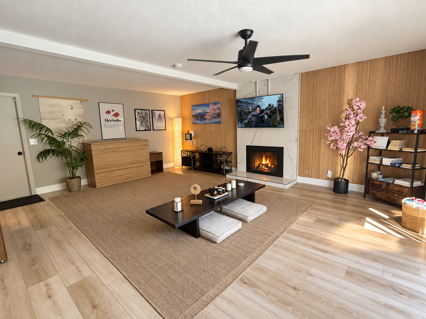 Spacious modern lounge with fireplace, TV, and serene designer touches
