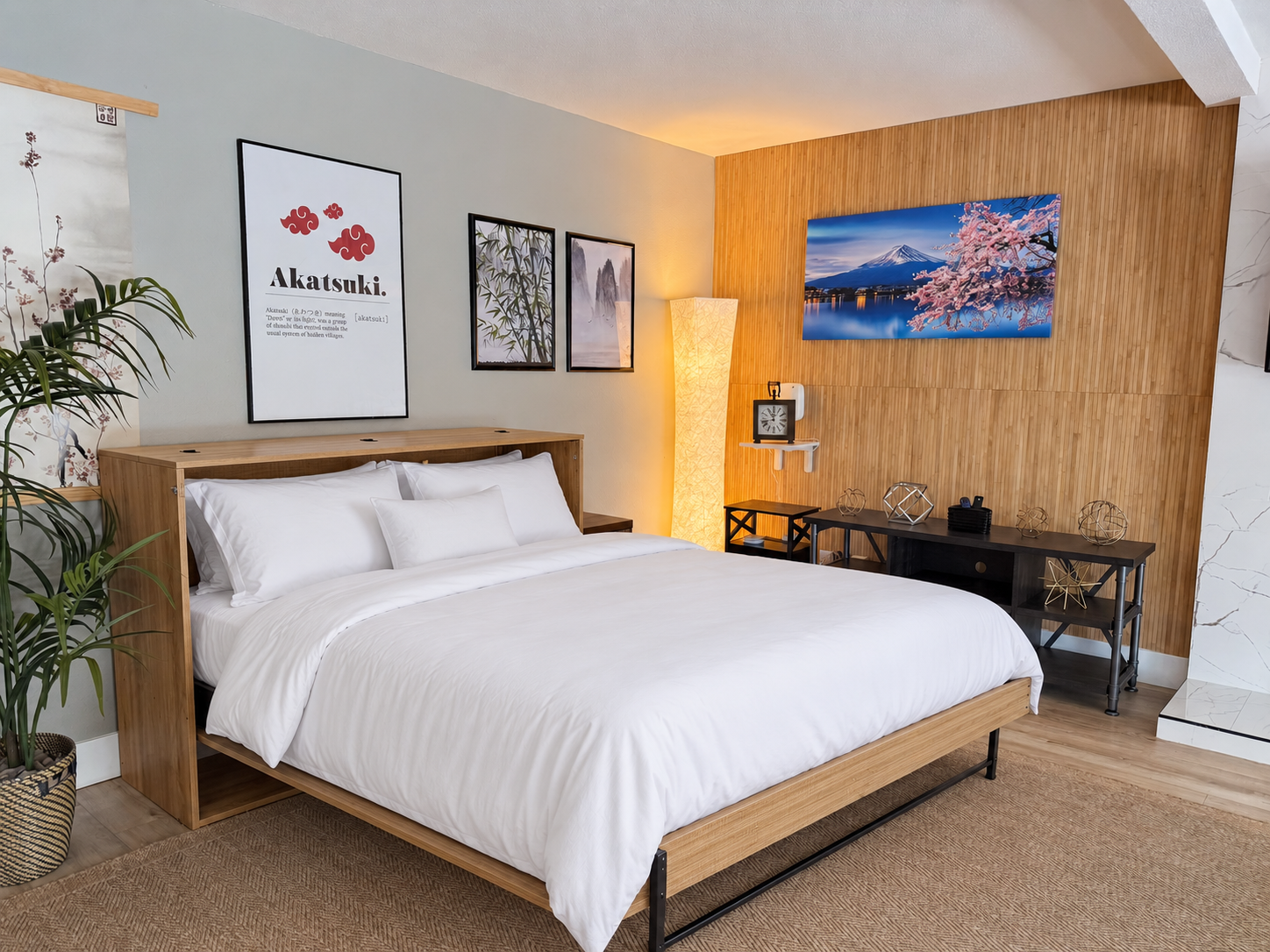 Serene king bedroom with warm wood accents and modern Japanese-inspired style