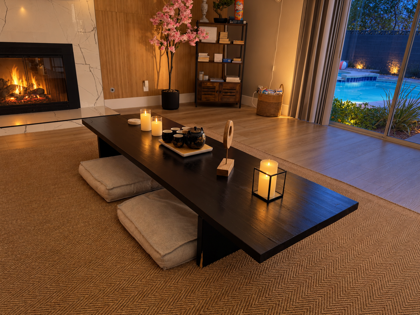 Cozy fireside lounge with candlelight and poolside evening views