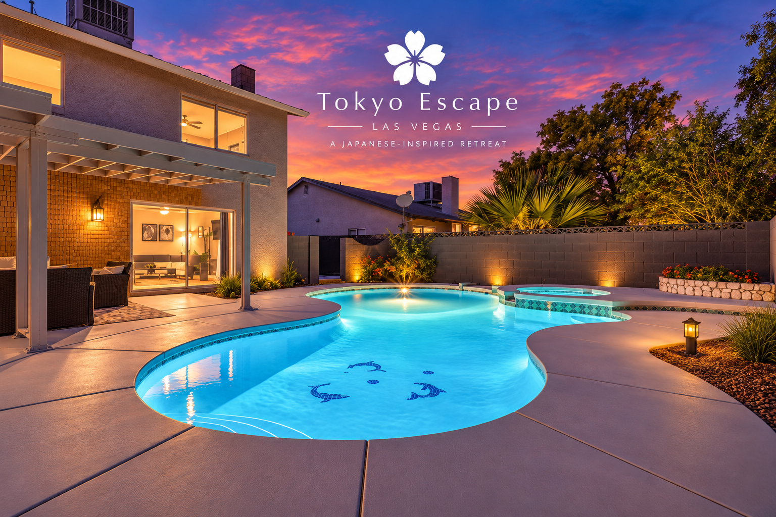 Twilight poolside retreat with spa, patio, and serene resort-style ambiance