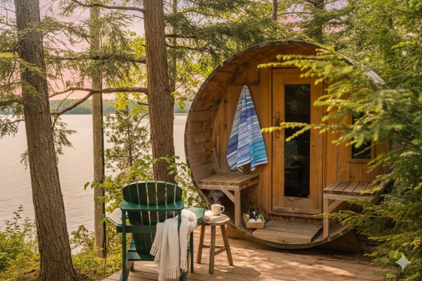 Barrel sauna among the pines with a Muskoka chair at Over the Moon cottage in Bala, Muskoka