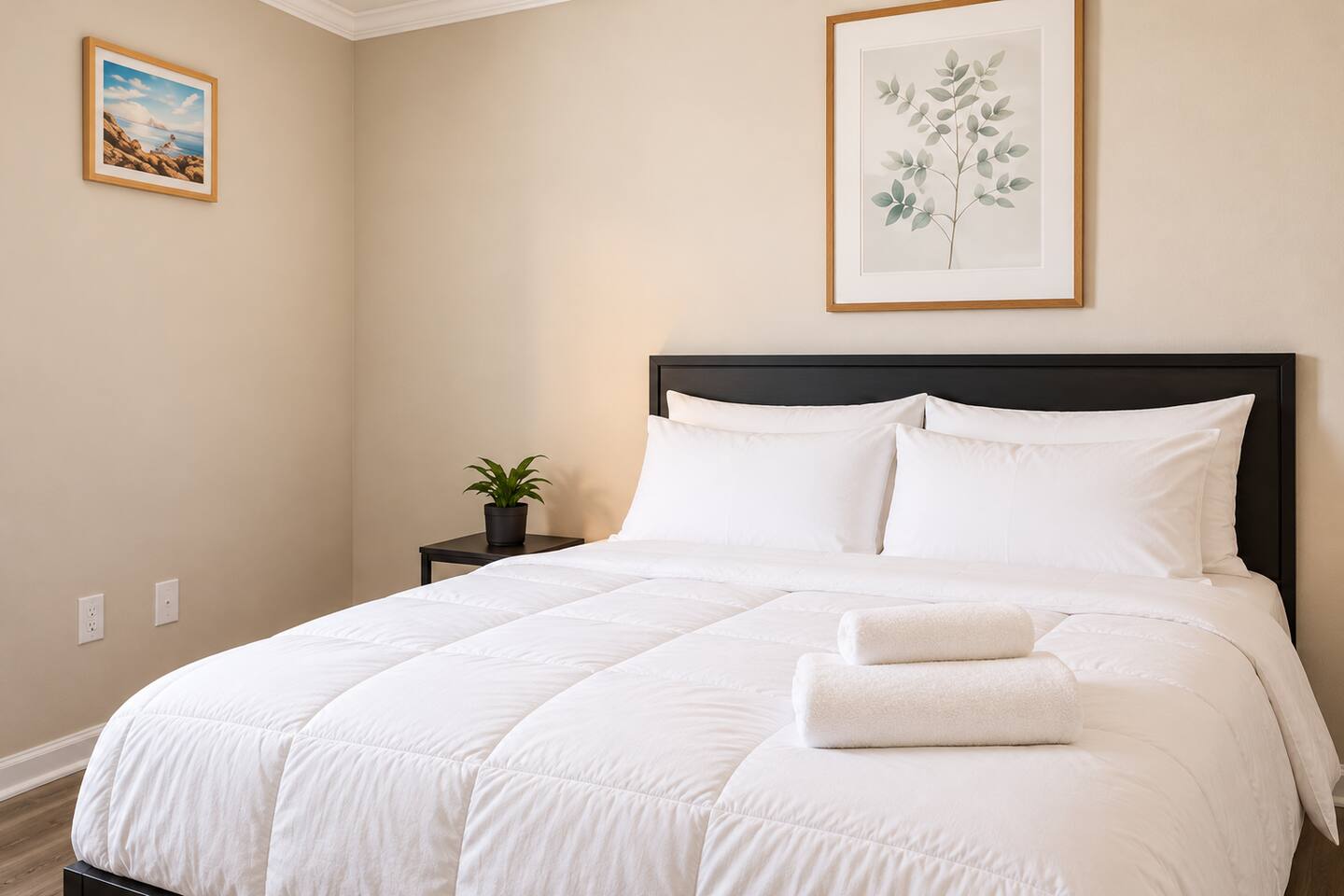 Sink into the plush, inviting bed, with fresh towels thoughtfully provided for a soft, serene, and effortlessly cozy stay.