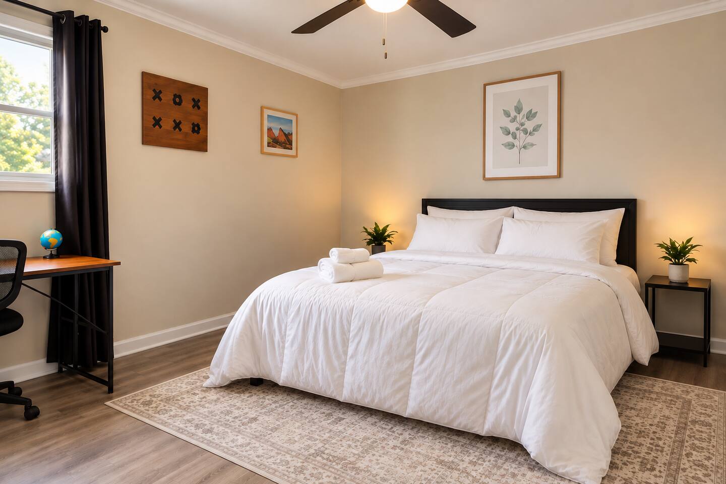 Relax in a cozy bedroom with a ceiling fan for added comfort throughout your stay.