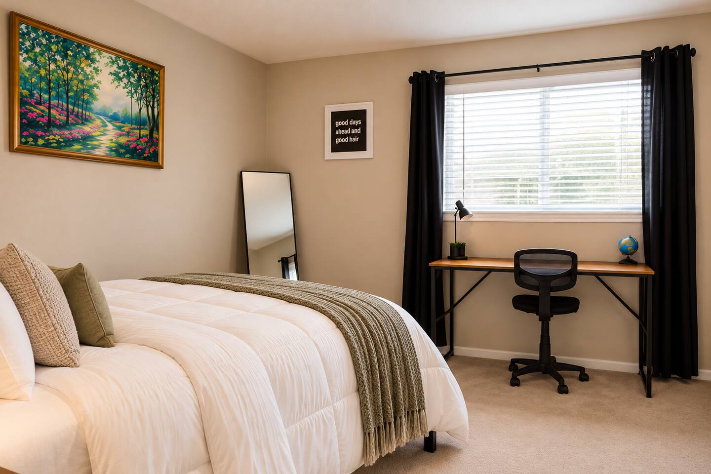Cozy bedroom with a dedicated workspace for work or study