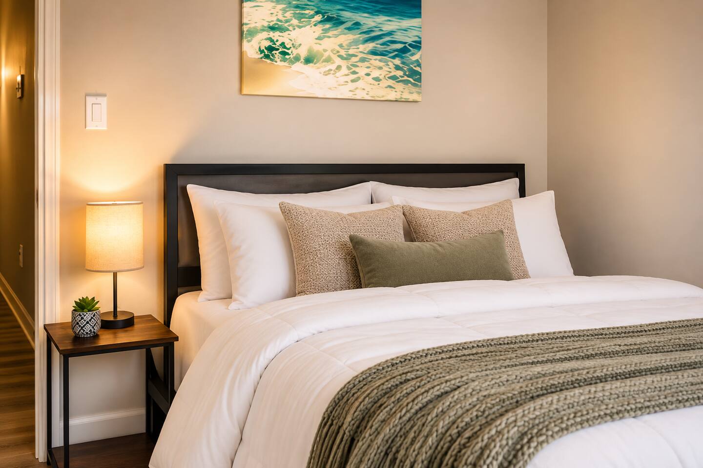Queen-size bed designed for a cozy night’s rest