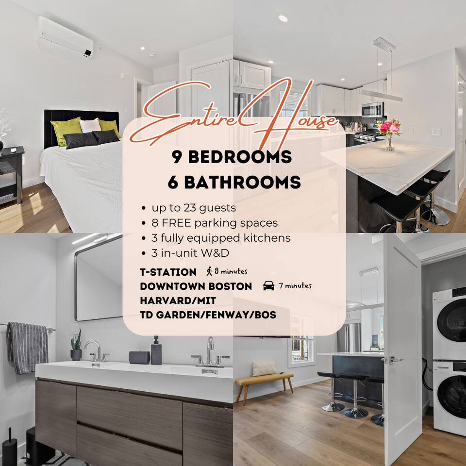 NEW 9BR6Bth Parking|MIT|Harvard|Boston|Walk to T