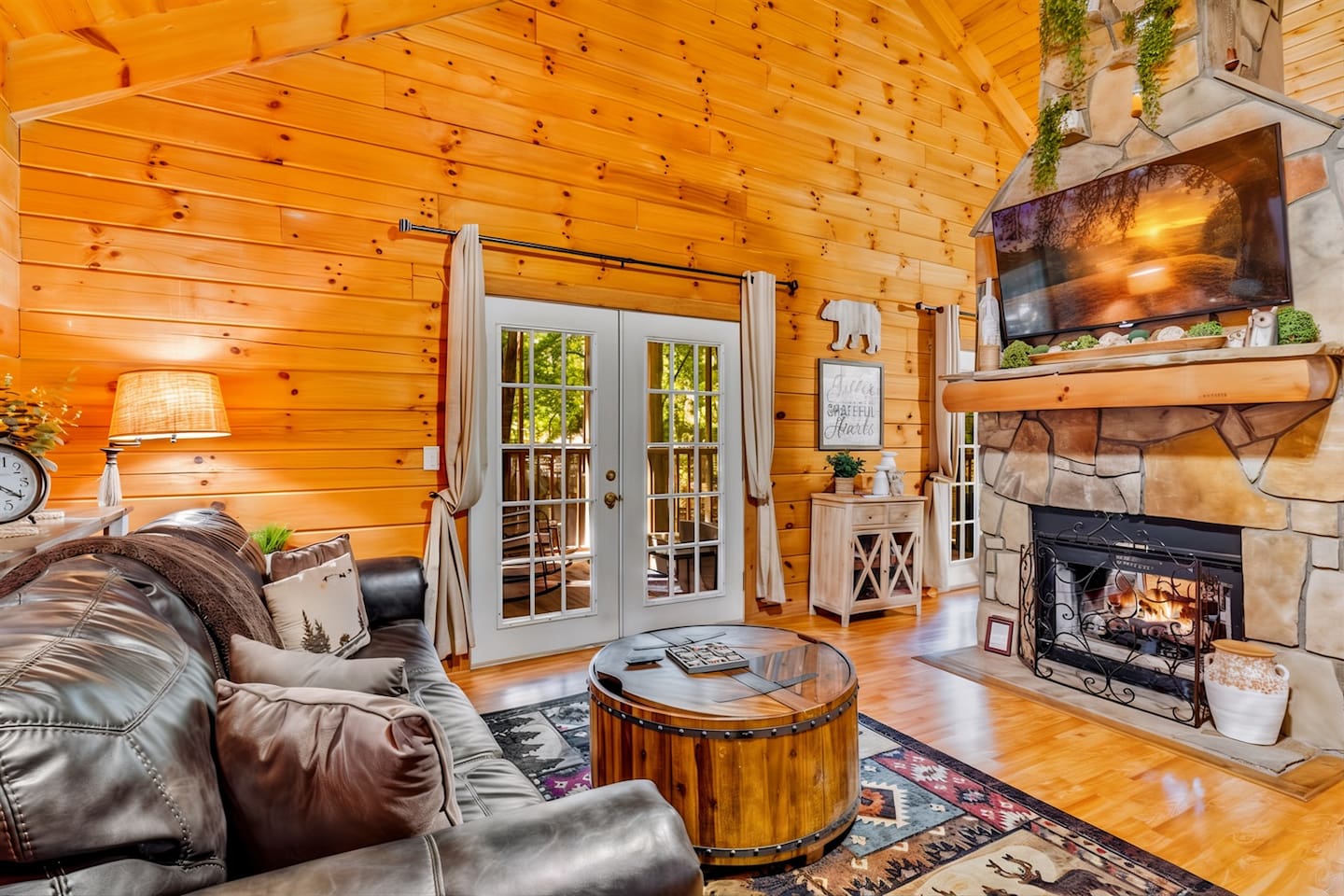 Stone fireplace at Red Rose Cabin