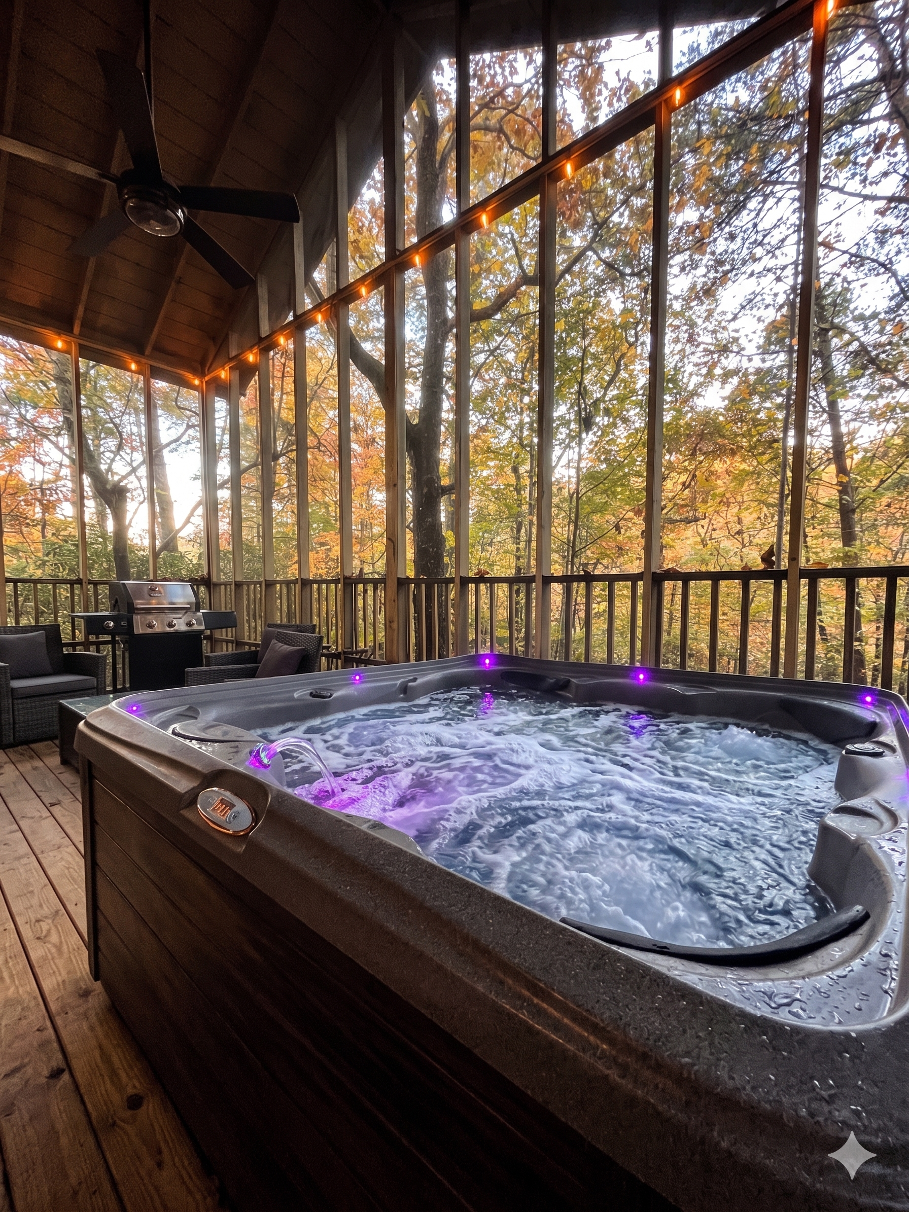 Hot tub porch with LED lighting