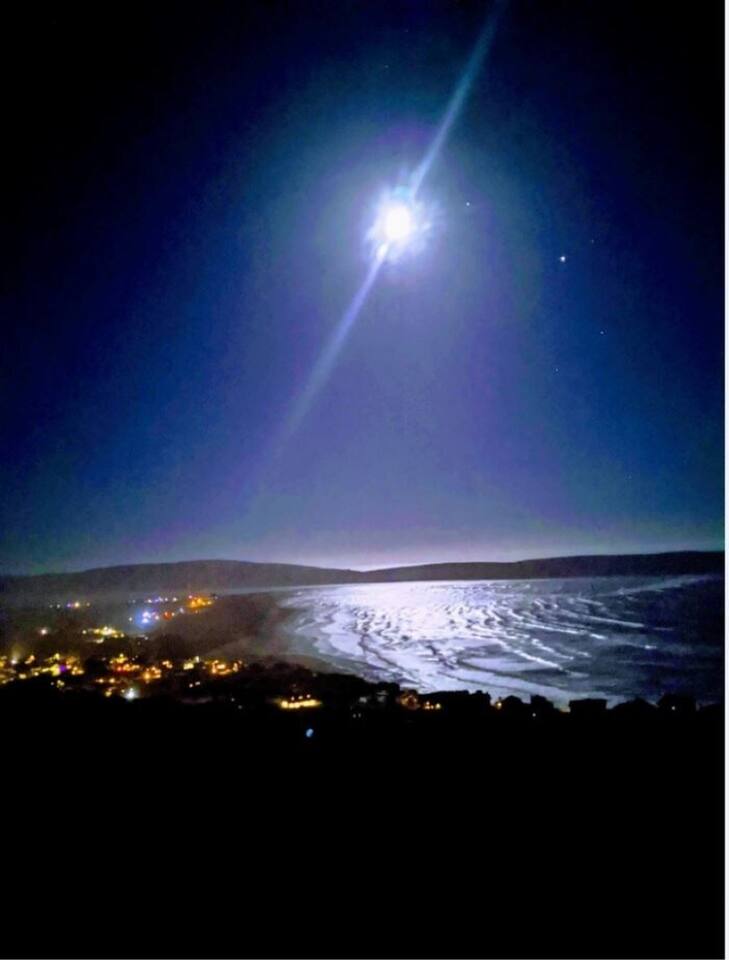 Moonlight over Tomales Bay, from the main deck (Sept 2020).