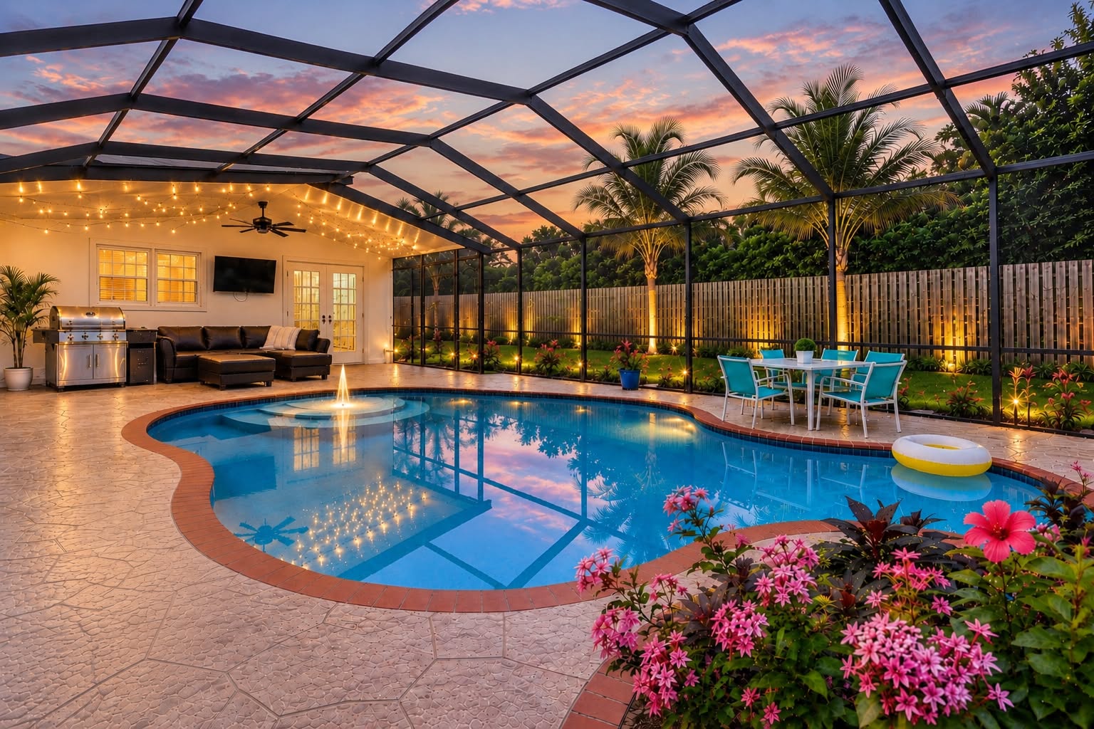 Screened resort-style pool with sunset views, lounge area, grill, and dining