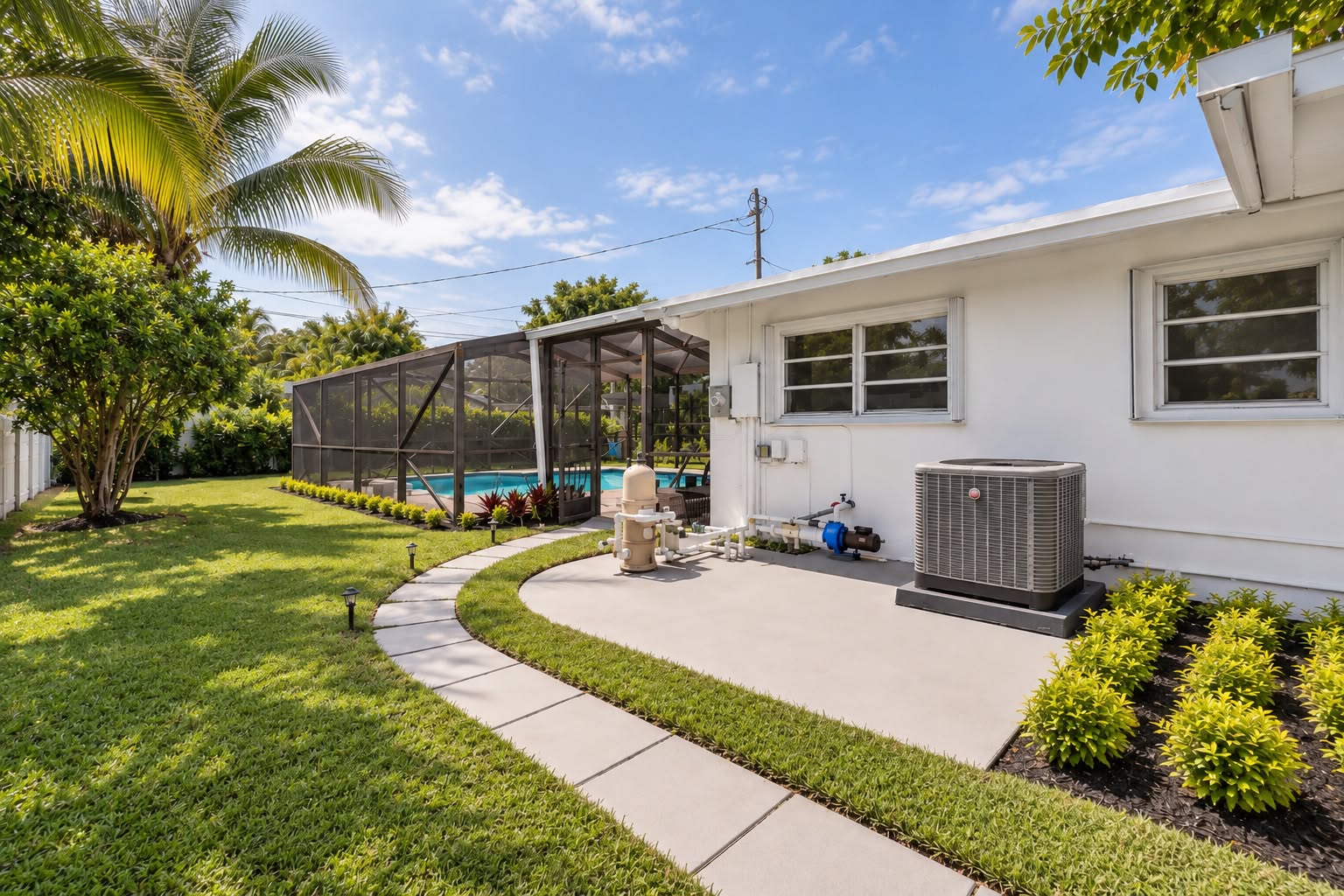 Tropical backyard with lush lawn and screened private pool