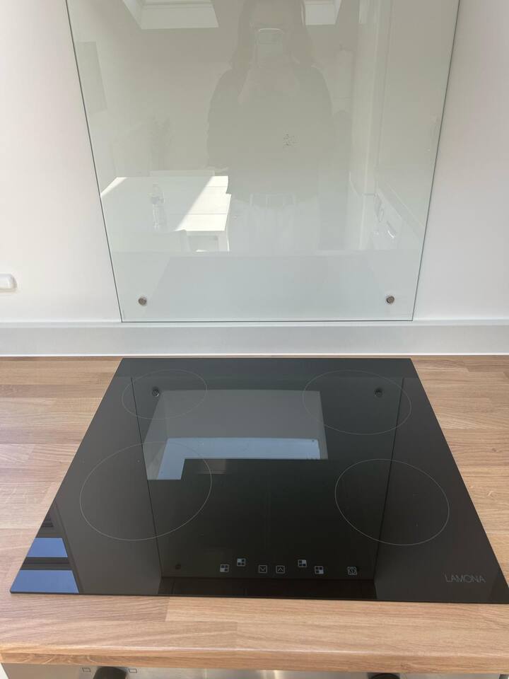 LANOVA induction cooktop with sleek wood counter and glass backsplash.